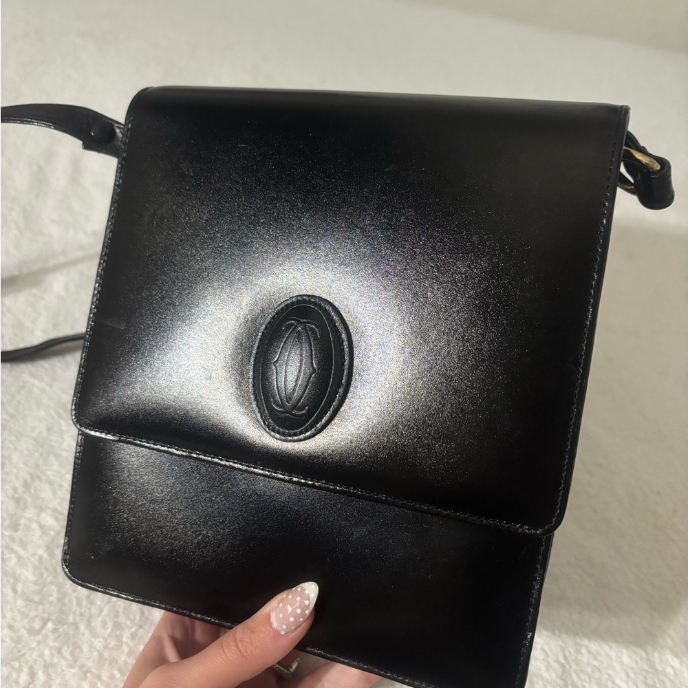 Vintage Cartier Les Must De Black Leather Crossbody Bag